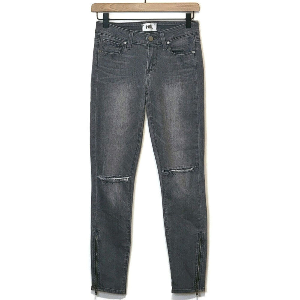 Paige Verdugo Ankle Gray Skinny Jean Mid Rise Distressed Knee Zip Ankle Denim 26